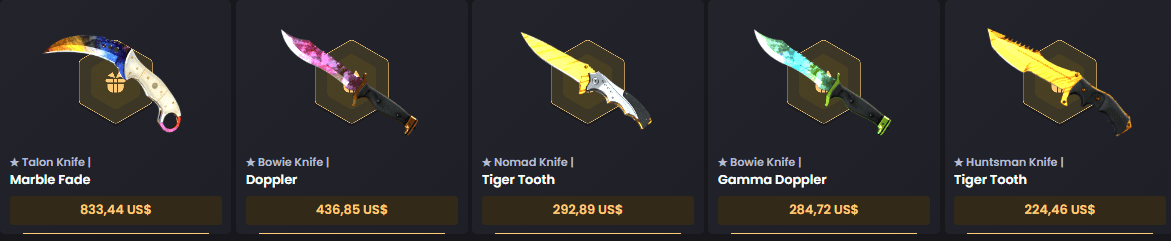 ★ Talon Knife | Marble Fade + ★ Bowie Knife | Doppler + ★ Nomad Knife | Tiger Tooth + ★ Bowie Knife | Gamma Doppler + ★ Huntsman Knife | Tiger Tooth