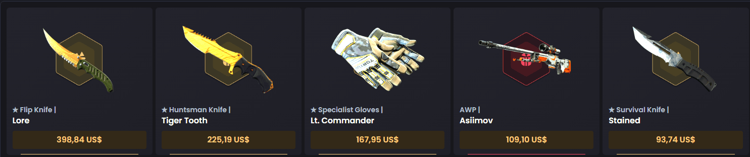 ★ Flip Knife | Lore ★ Huntsman Knife | Tiger Tooth ★ Specialist Gloves | Lt. Commander AWP | Asiimov ★ Survival Knife | Stained